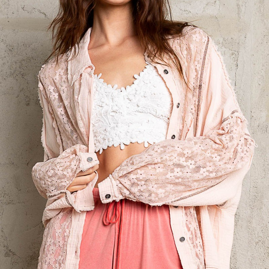 POL Oversize Lace Button-Down Shirt