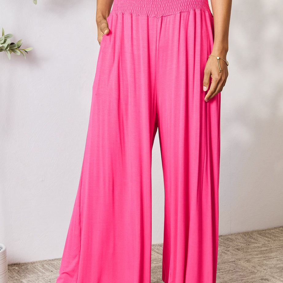 Double Take Full Size Smocked Wide Waistband Wide Leg Pants