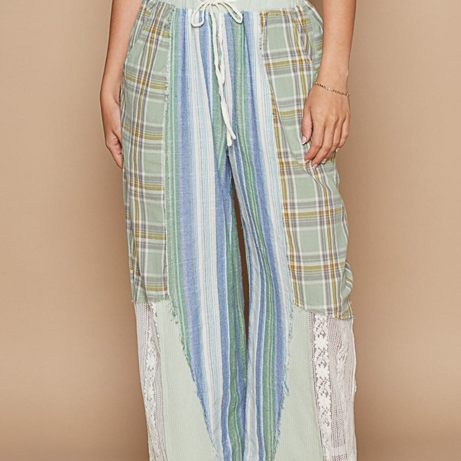 POL Drawstring Plaid Print Lace Straight Pants