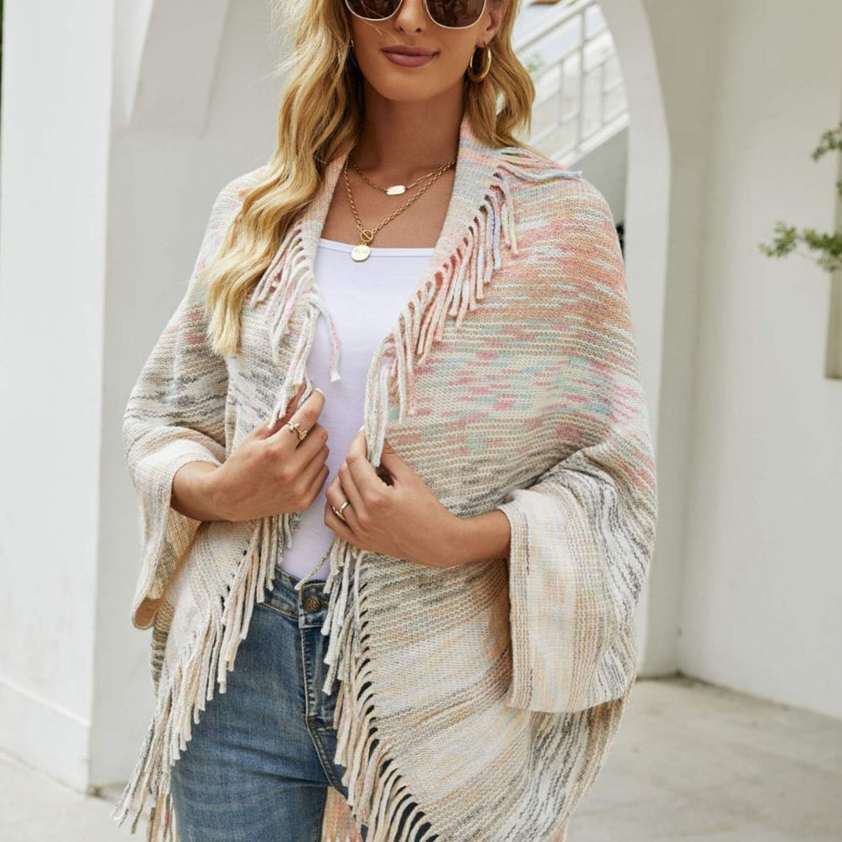 Multicolored Fringe Trim Poncho