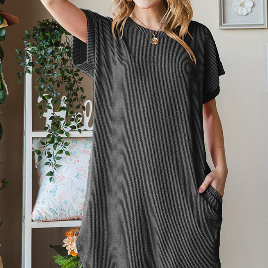 Heimish Full Size Ribbed Round Neck Short Sleeve Tee Dress