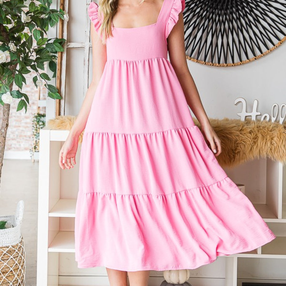 Reborn J Ruffled Sleeveless Tiered Midi Dress