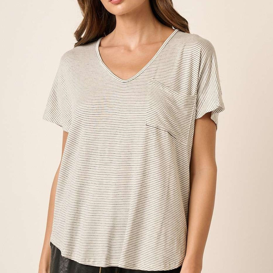 Mittoshop Striped V-Neck Short Sleeve T-Shirt