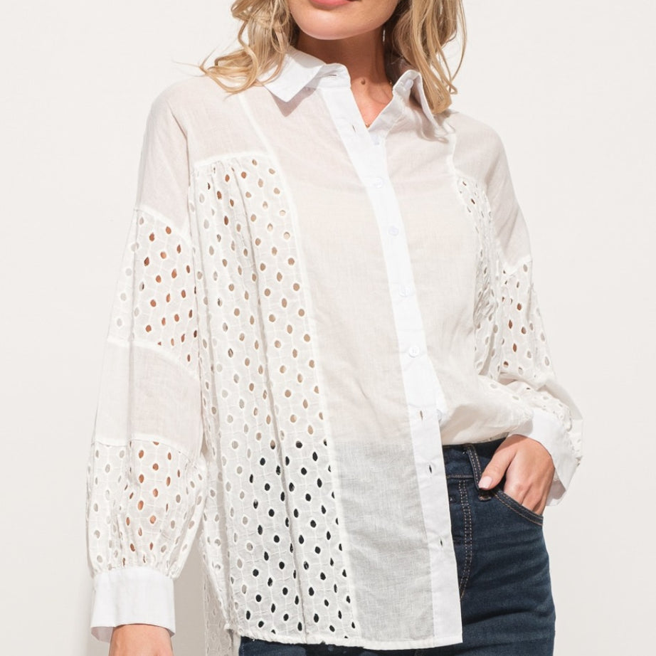 And The Why Eyelet Long Sleeve Button Down Shirt