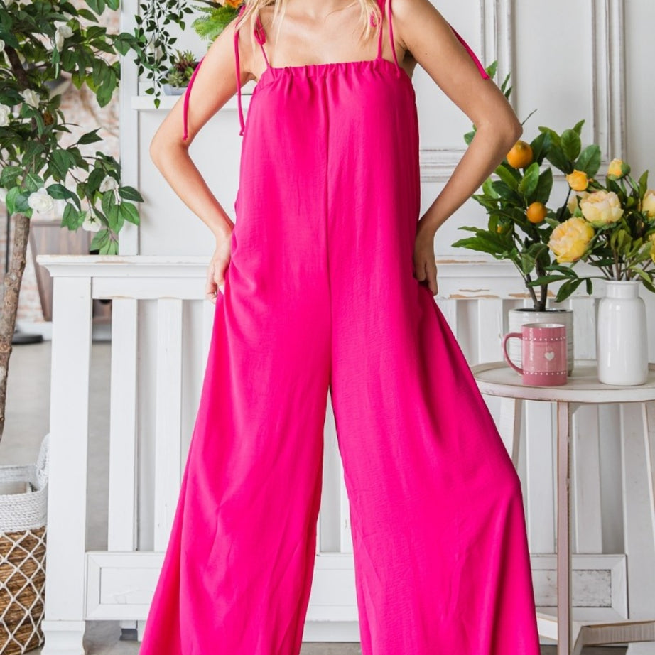 Veveret Pocketed Spaghetti Strap Wide Leg Jumpsuit