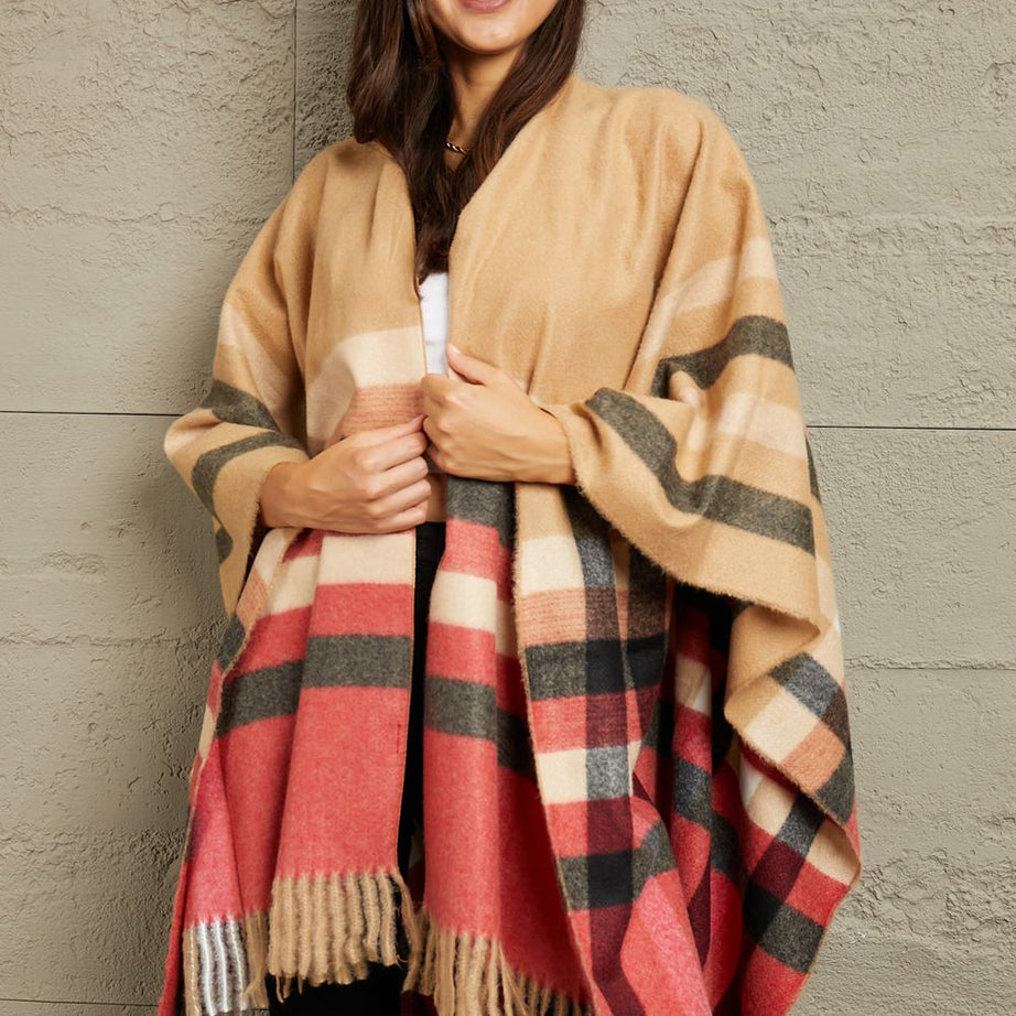 e.Luna Plaid Shawl Poncho Cardigan