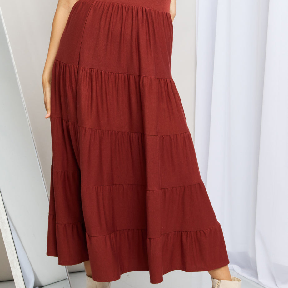 Zenana Full Size Wide Waistband Tiered Midi Skirt