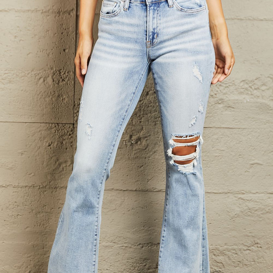 BAYEAS Mid Rise Distressed Flare Jeans