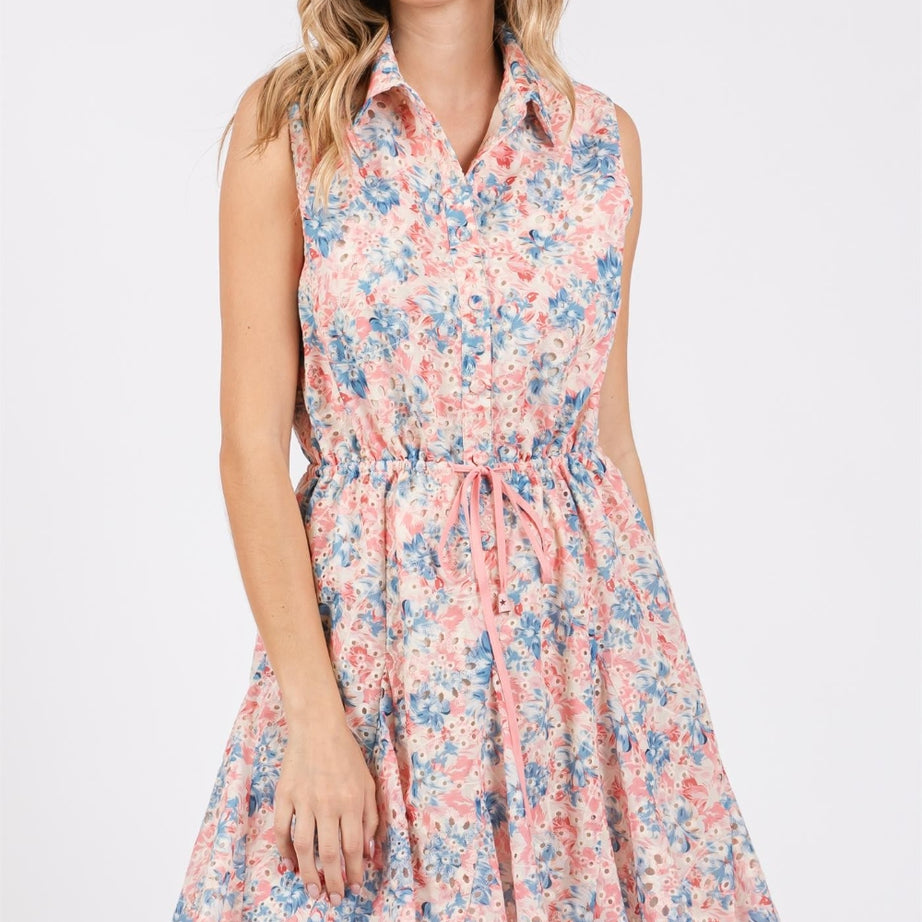 GeeGee Full Size Floral Eyelet Sleeveless Mini Dress