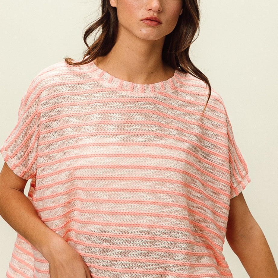 BiBi Braid Striped Short Sleeve Round Neck T-Shirt