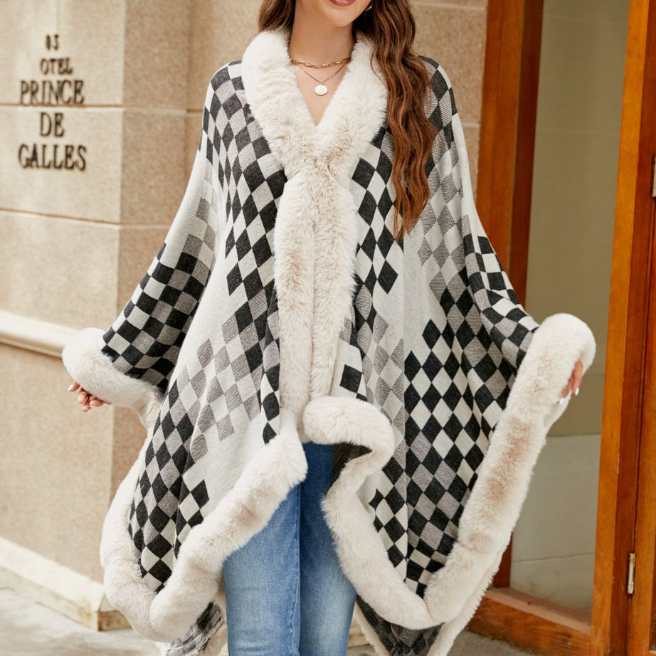 Checkered Faux Fur Trim Poncho