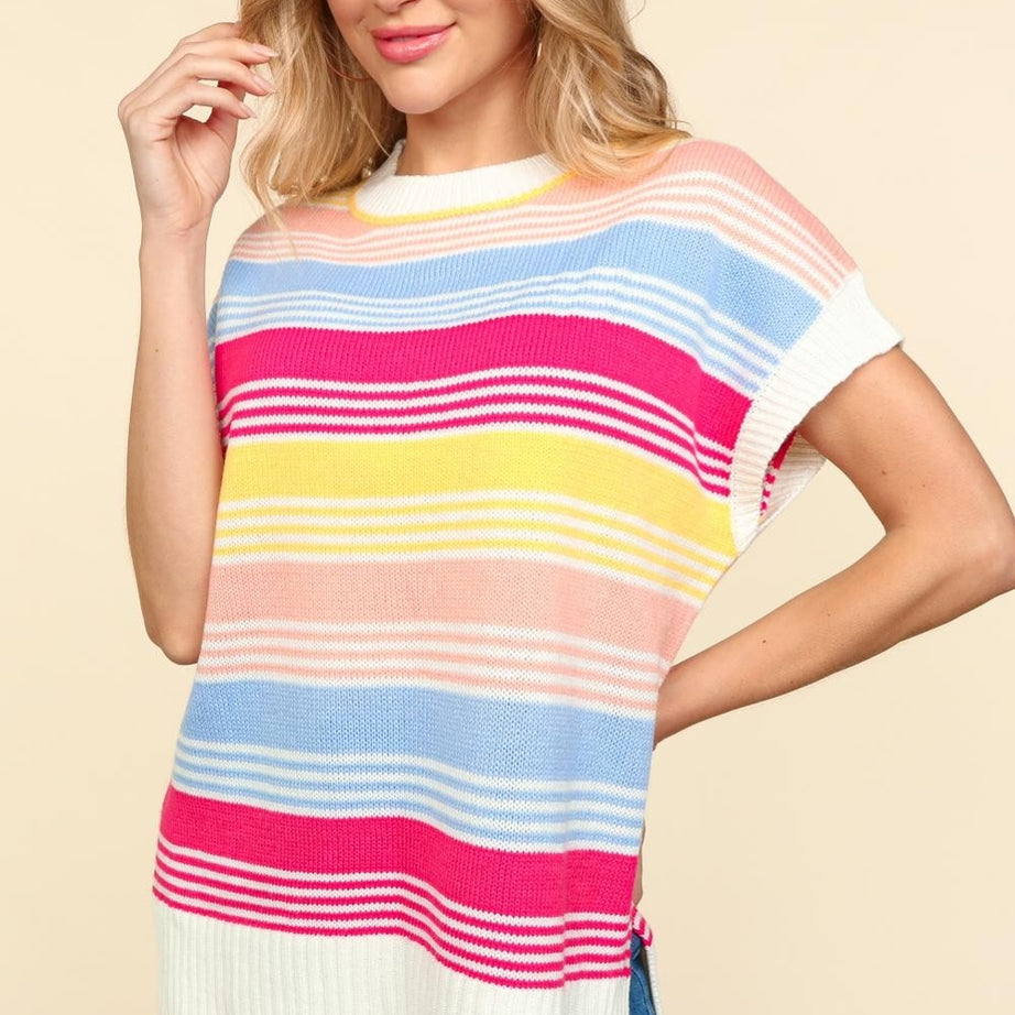 Haptics Striped Side Slit Short Sleeve Knit Top