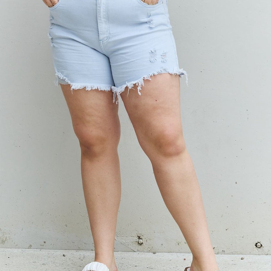 RISEN Katie Full Size High Waisted Distressed Shorts in Ice Blue