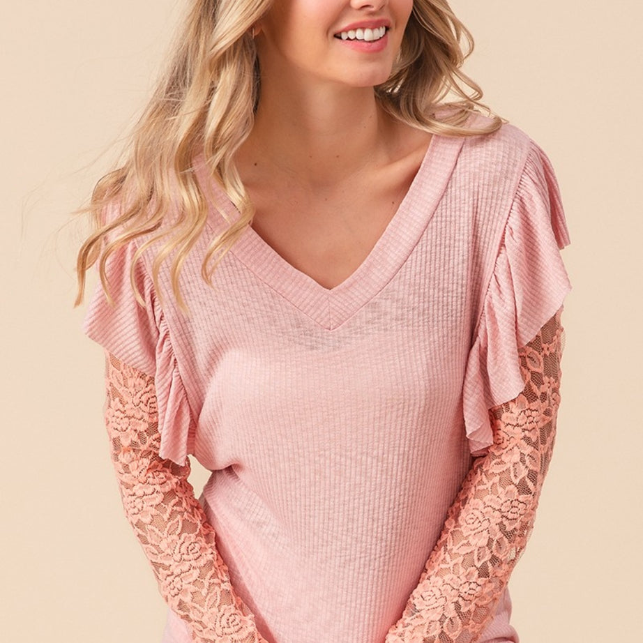 BiBi Ruffled Lace Sleeve Rib Knit Top