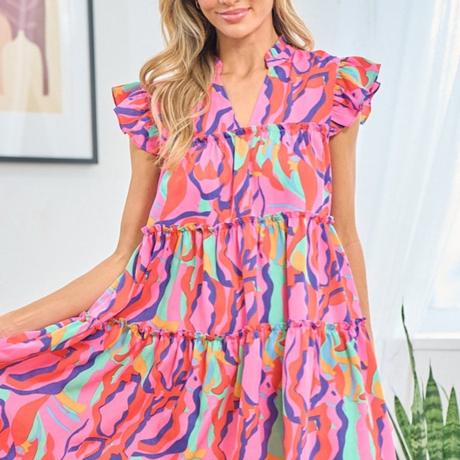 First Love Full Size Printed Ruffle Cap Sleeve Tiered Dress