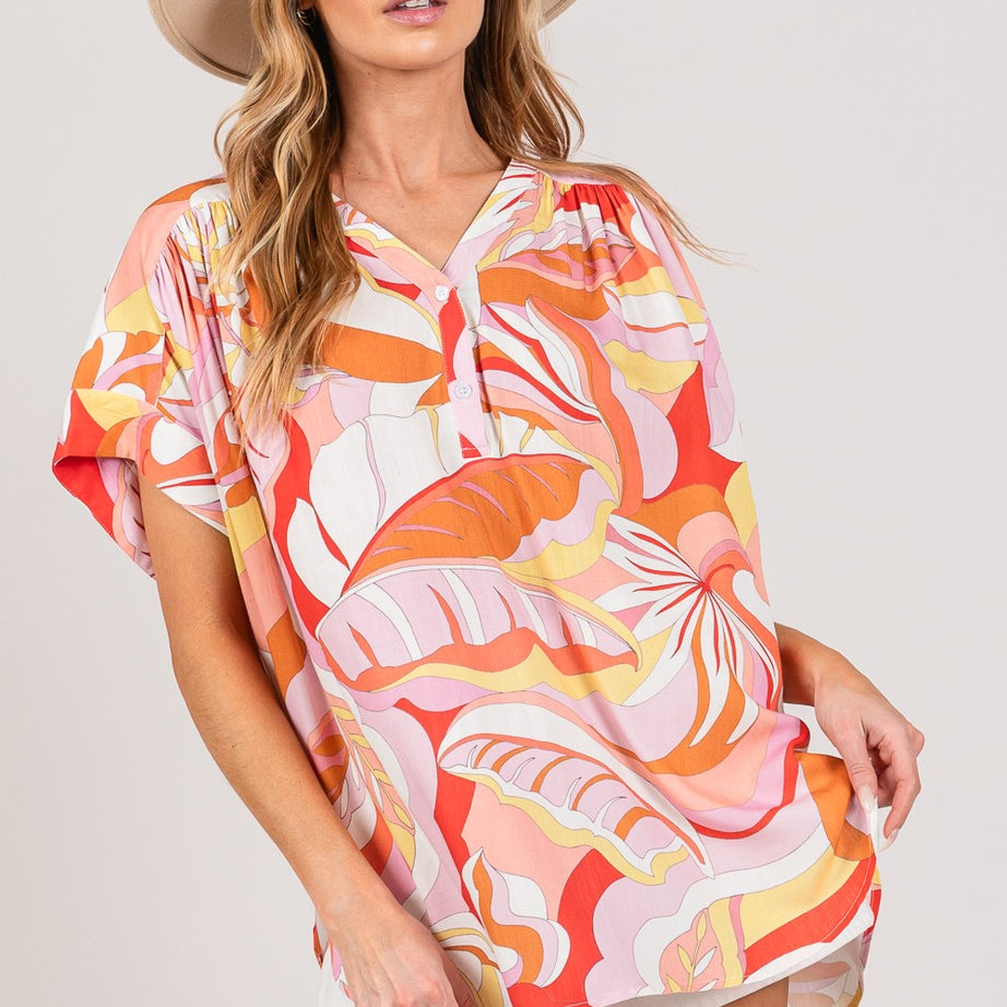 SAGE + FIG Abstract Print Half Button Blouse