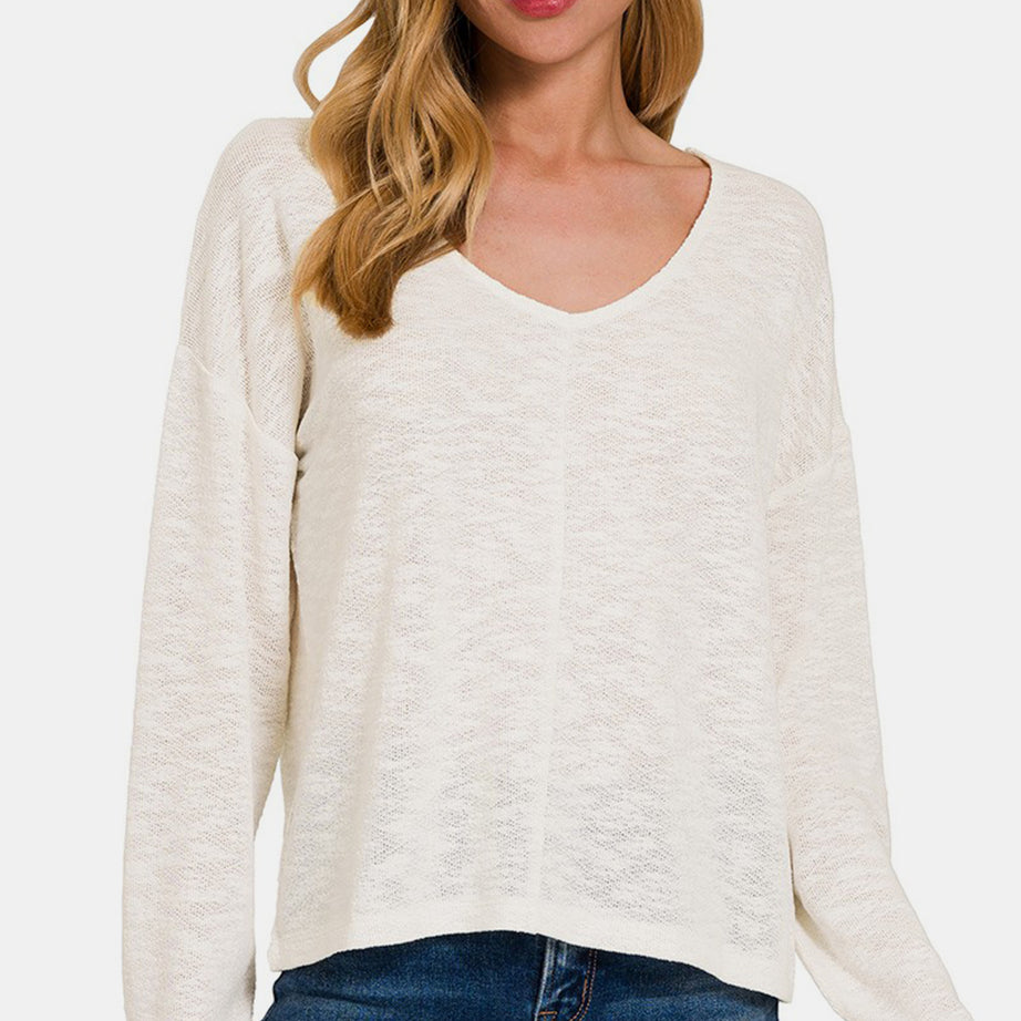 Zenana V-Neck Dropped Shoulder Long Sleeve T-Shirt