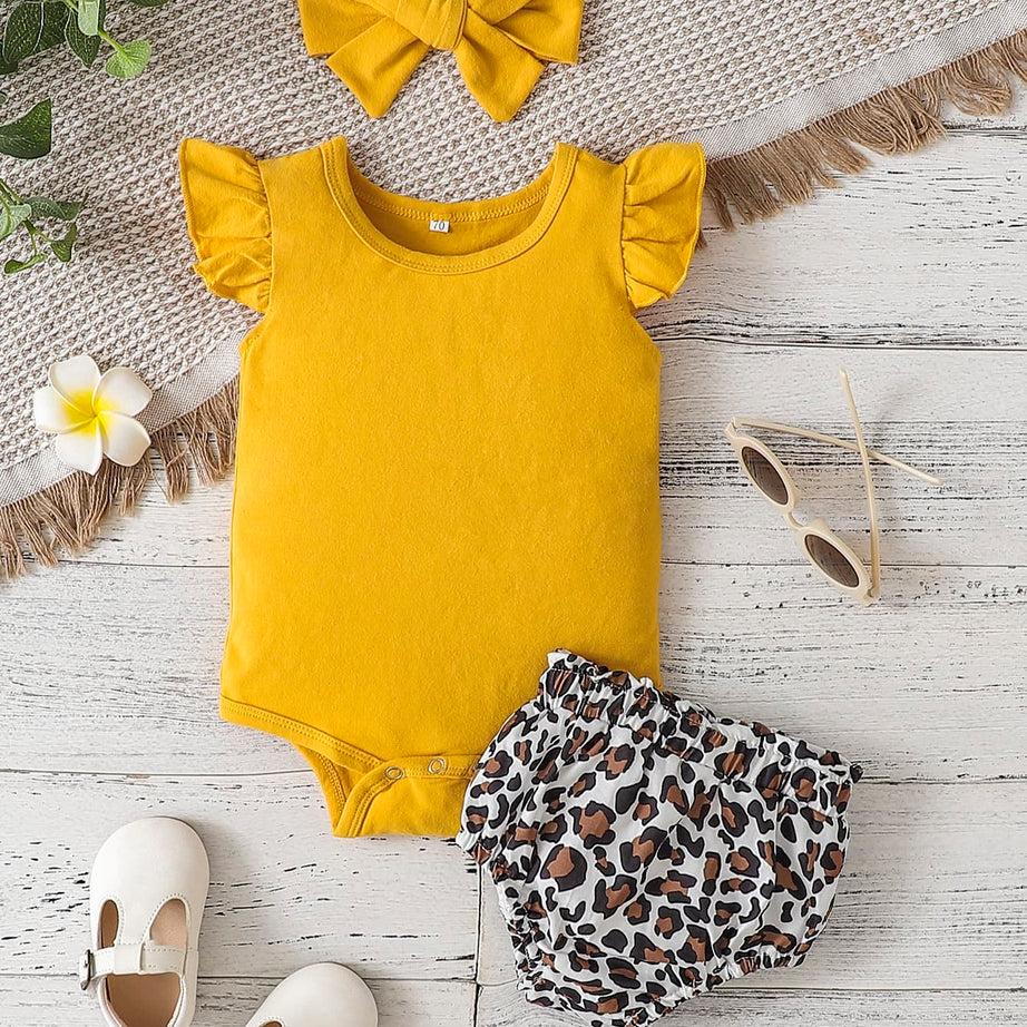 Round Neck Bodysuit and Leopard Bloomers Set