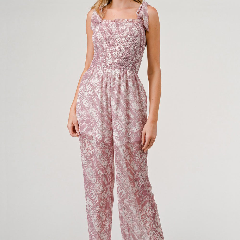 GeeGee Printed Tie Shoulder Wide Leg Jumpsuit