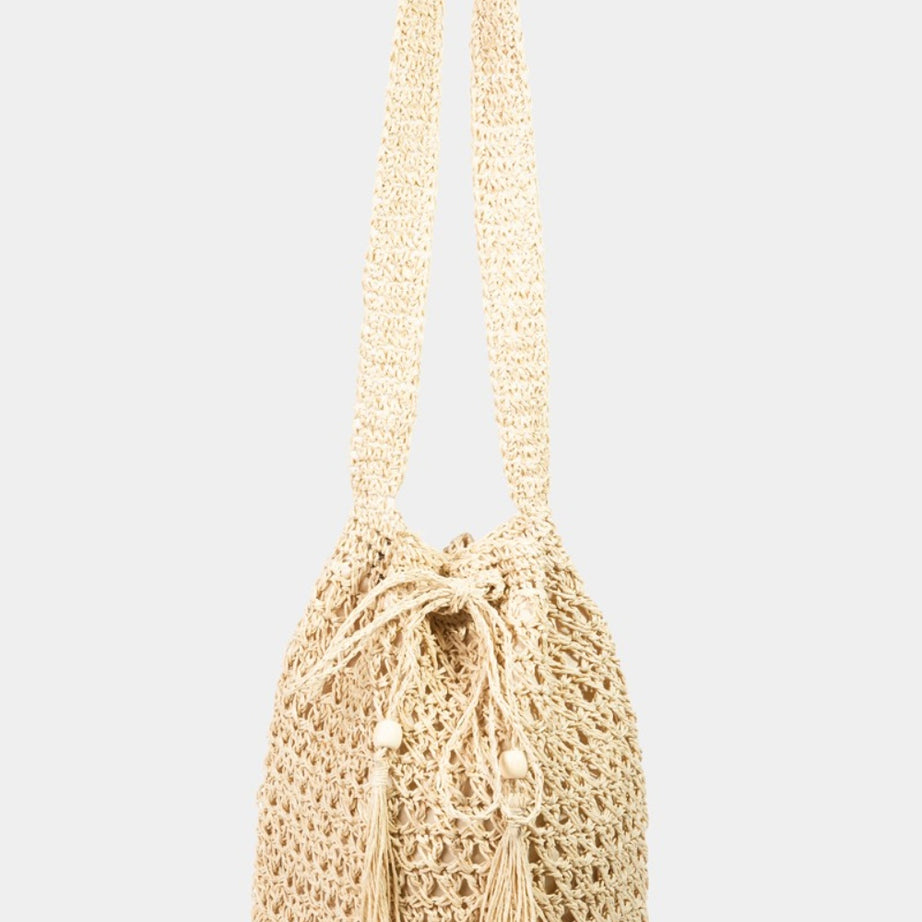 Fame Straw Braided Drawstring Tote Bag with Tassel