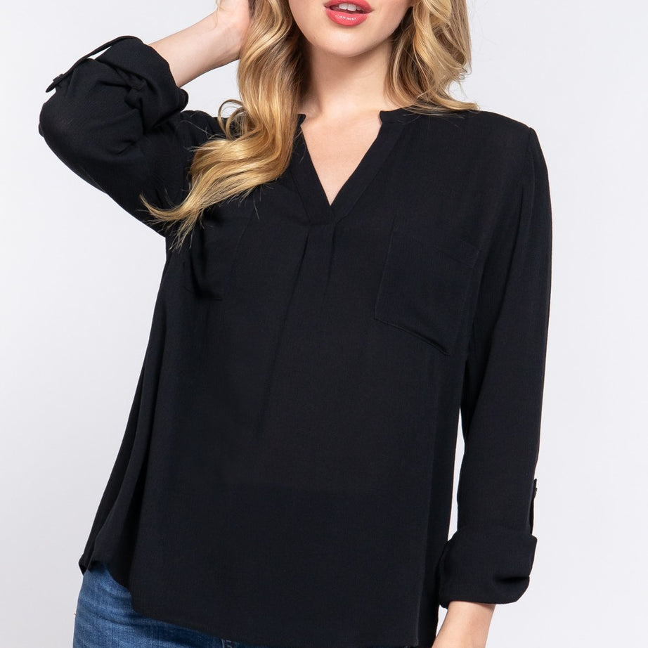 ACTIVE BASIC Full Size Notched Long Sleeve Woven Top