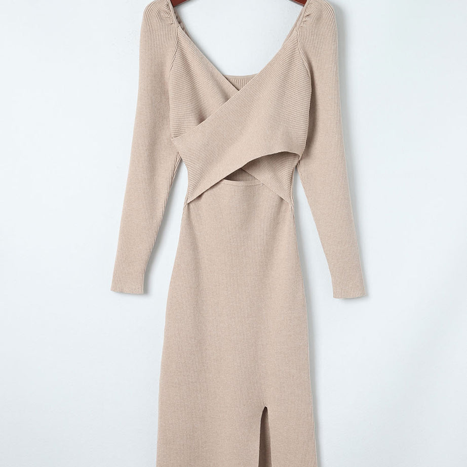 Crisscross Long Sleeve Slit Sweater Dress