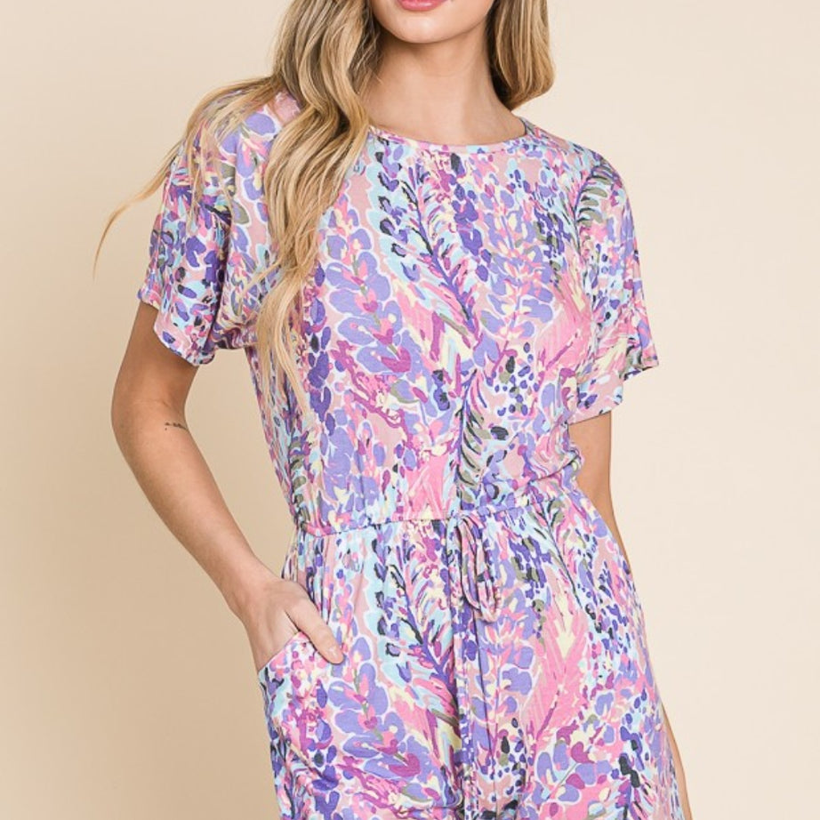 BOMBOM Print Short Sleeve Romper with Pockets