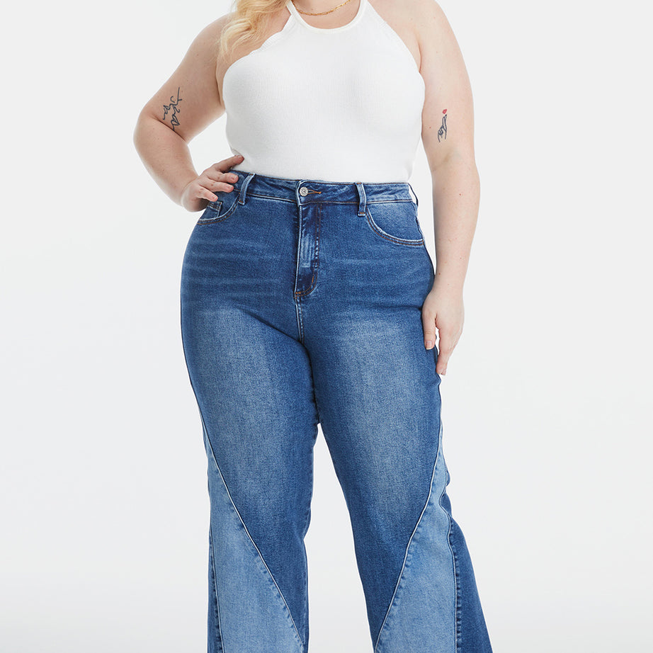 BAYEAS Full Size High Waist Two-Tones Patched Wide Leg Jeans