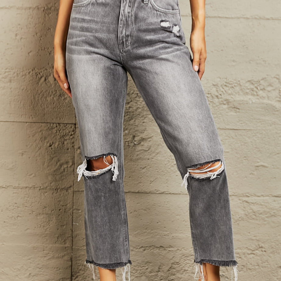 BAYEAS Stone Wash Distressed Cropped Straight Jeans