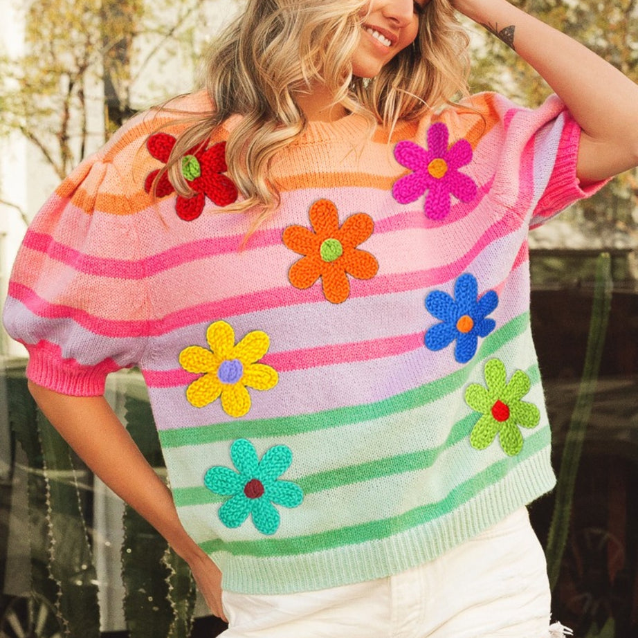 BiBi Flower Patch Puff Sleeve Striped Sweater