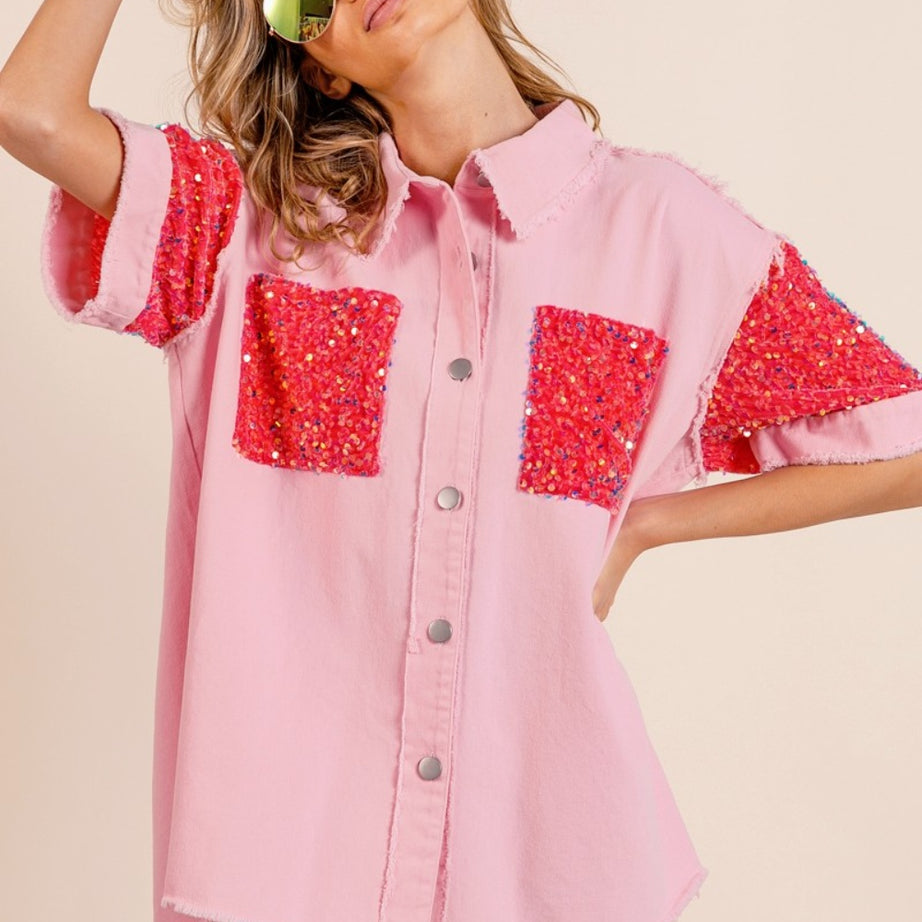 BiBi Sequin Detail Raw Hem Short Sleeve Shirt