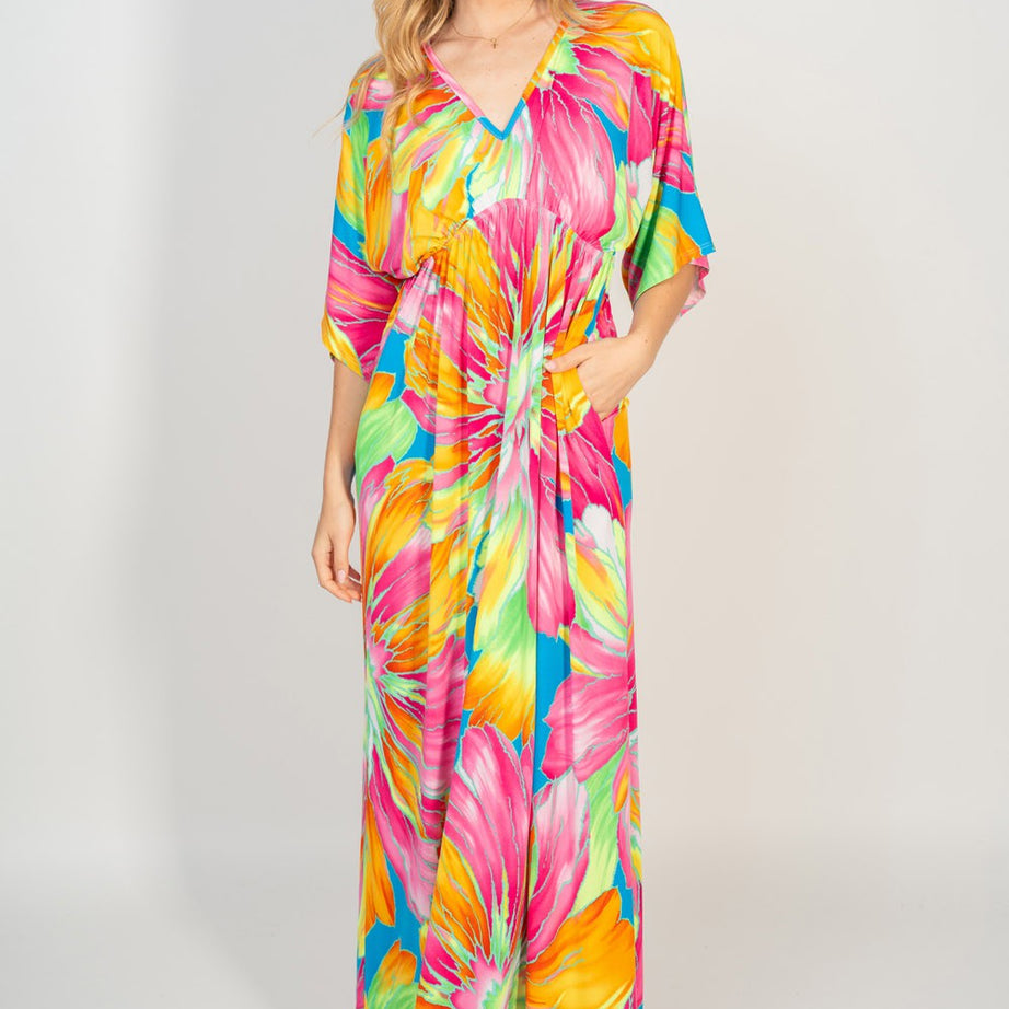 White Birch Printed V-Neck Maxi Dress with Pockets