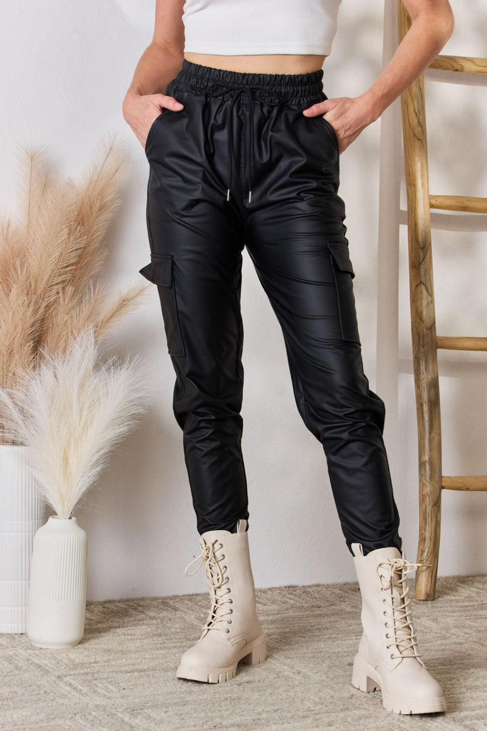 Color 5 Faux Leather Cargo Pants