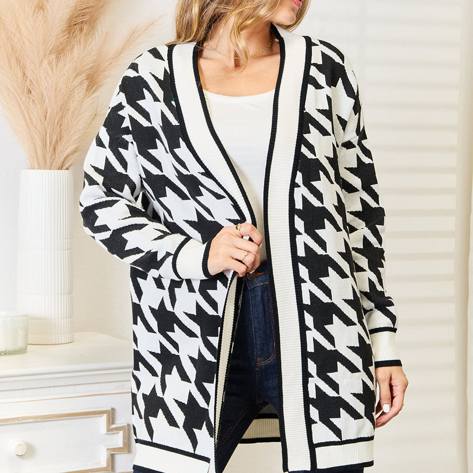 Woven Right Houndstooth Open Front Longline Cardigan