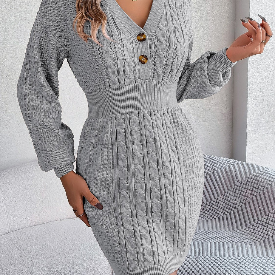 Buttoned Cable-Knit V-Neck Sweater Dress