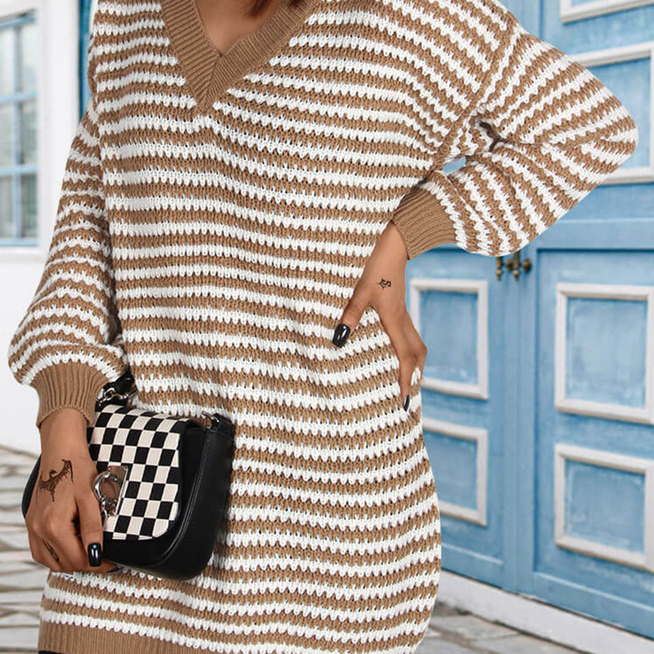 Striped V-Neck Sweater Dress