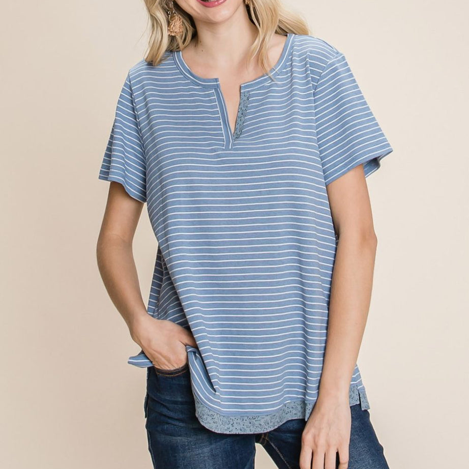 Cotton Bleu by Nu Lab Slit Striped Notched Short Sleeve T-Shirt