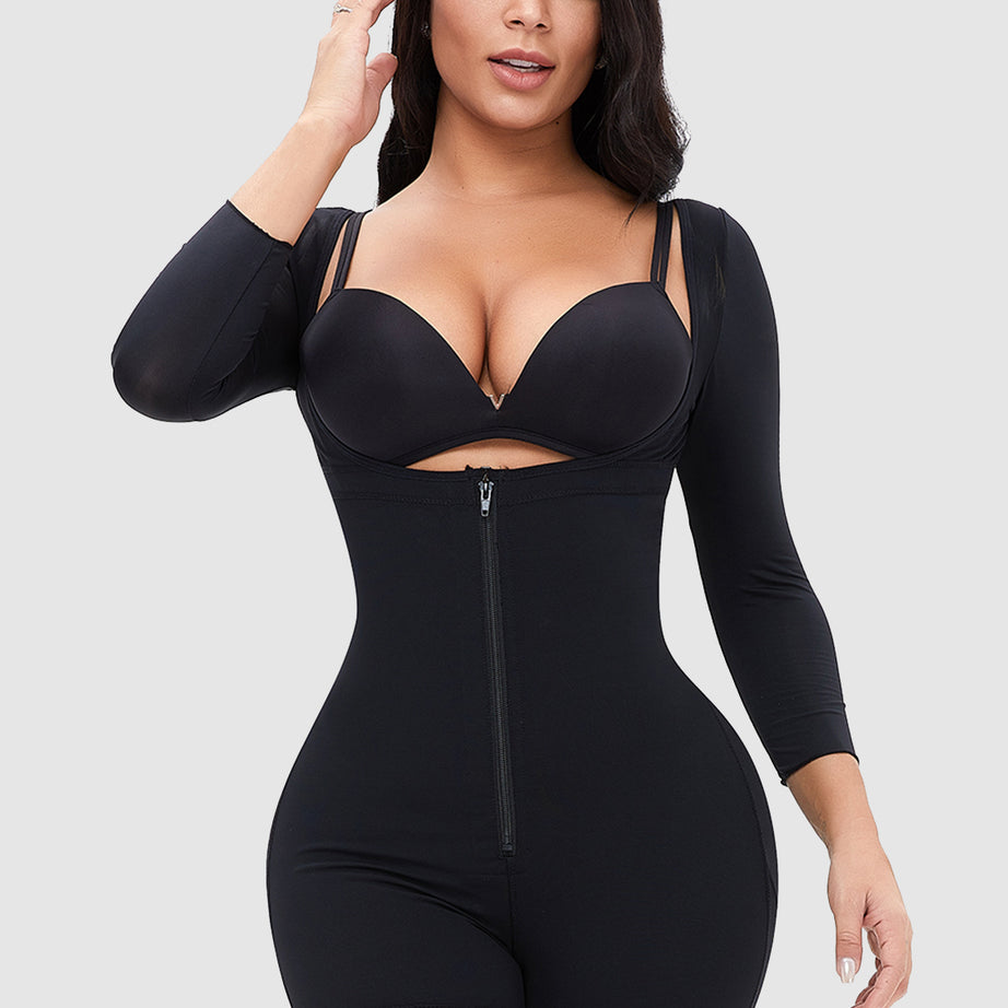 Full Size Zip Up Lace Detail Long Sleeve Shapewear