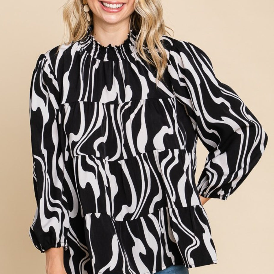 Culture Code Printed Smock Neck Tiered Blouse