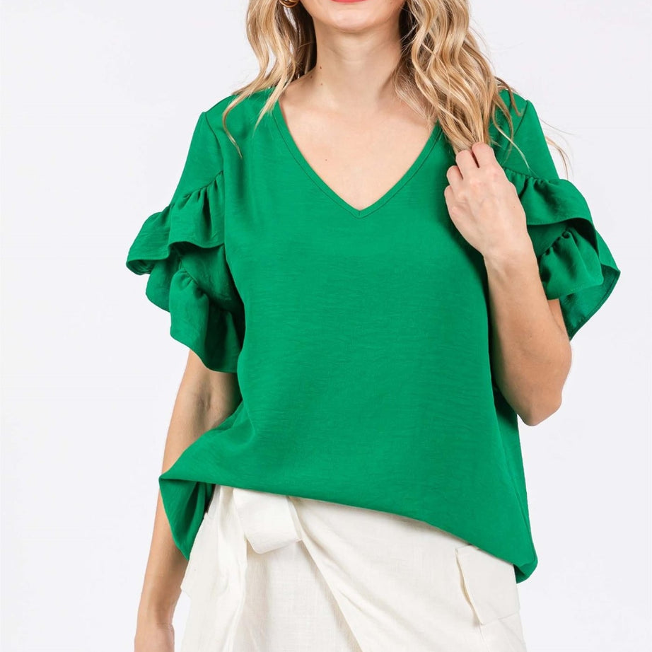 GeeGee Ruffled Short Sleeve V-Neck Blouse