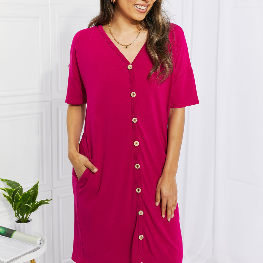 BOMBOM Sunday Brunch Button Down Knee-Length Dress in Magenta