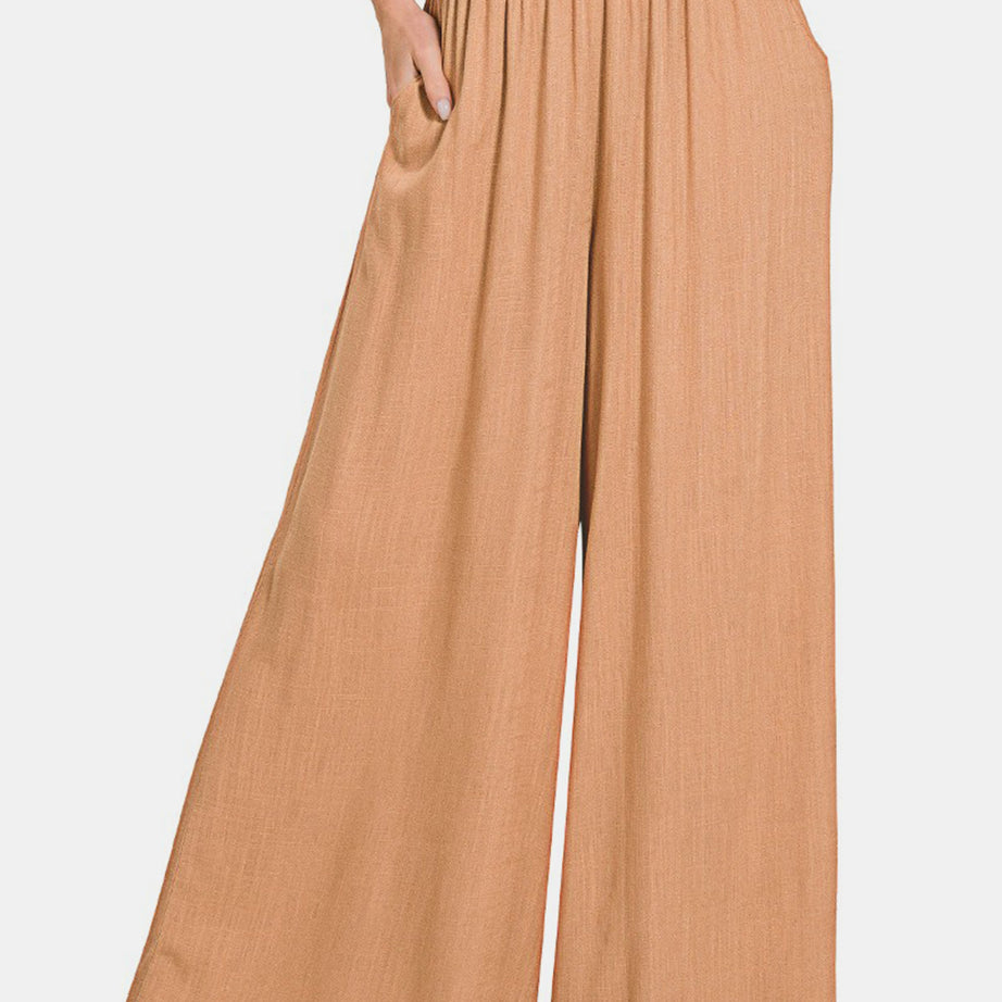 Zenana Pleated Linen Blend Wide Leg Pants