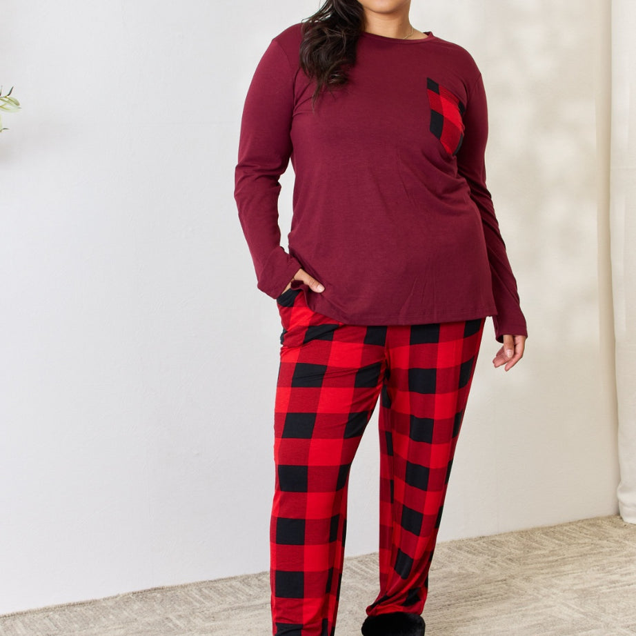 Zenana Full Size Plaid Round Neck Top and Pants Pajama Set