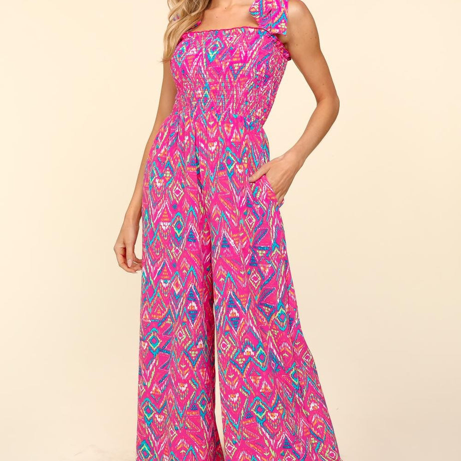 Haptics Printed Smocked Sleeveless Jumpsuit