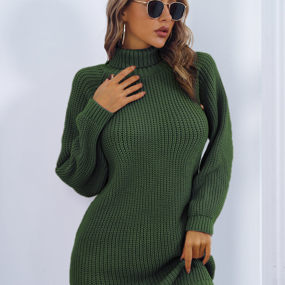 Buttoned Turtleneck Long Sleeve Sweater Dress