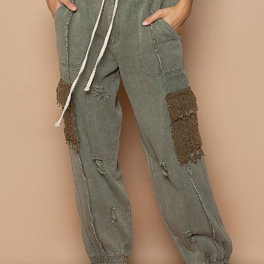 POL Distressed Cargo Denim Jogger with Crochet Pockets