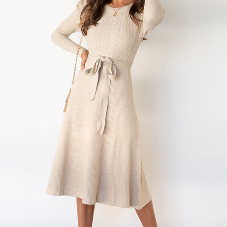 Round Neck Long Sleeve Tie Waist Sweater Dress