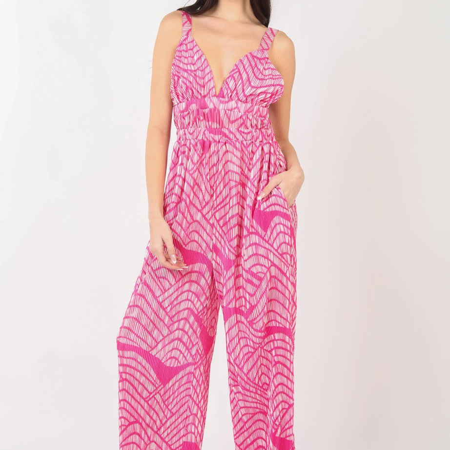 VERY J Printed Pleated Sleeveless Wide Leg Jumpsuit