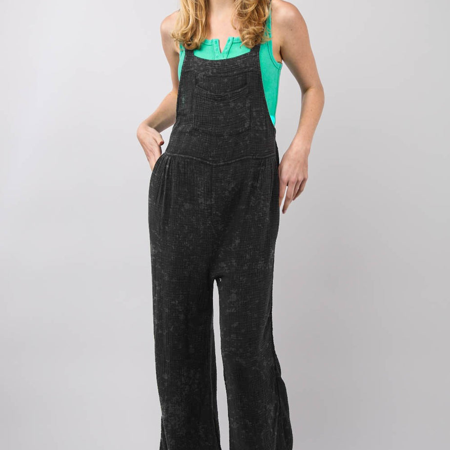 VERY J Texture Washed Wide Leg Overalls