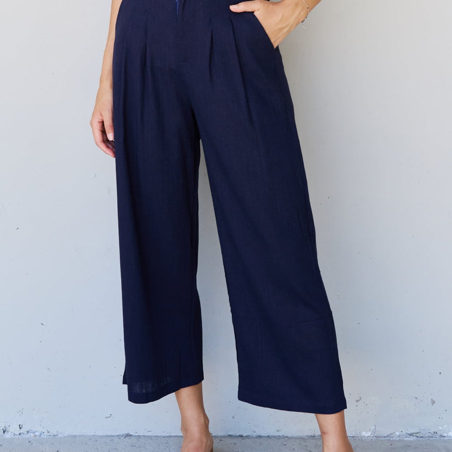 And The Why In The Mix Full Size Pleated Detail Linen Pants in Dark Navy